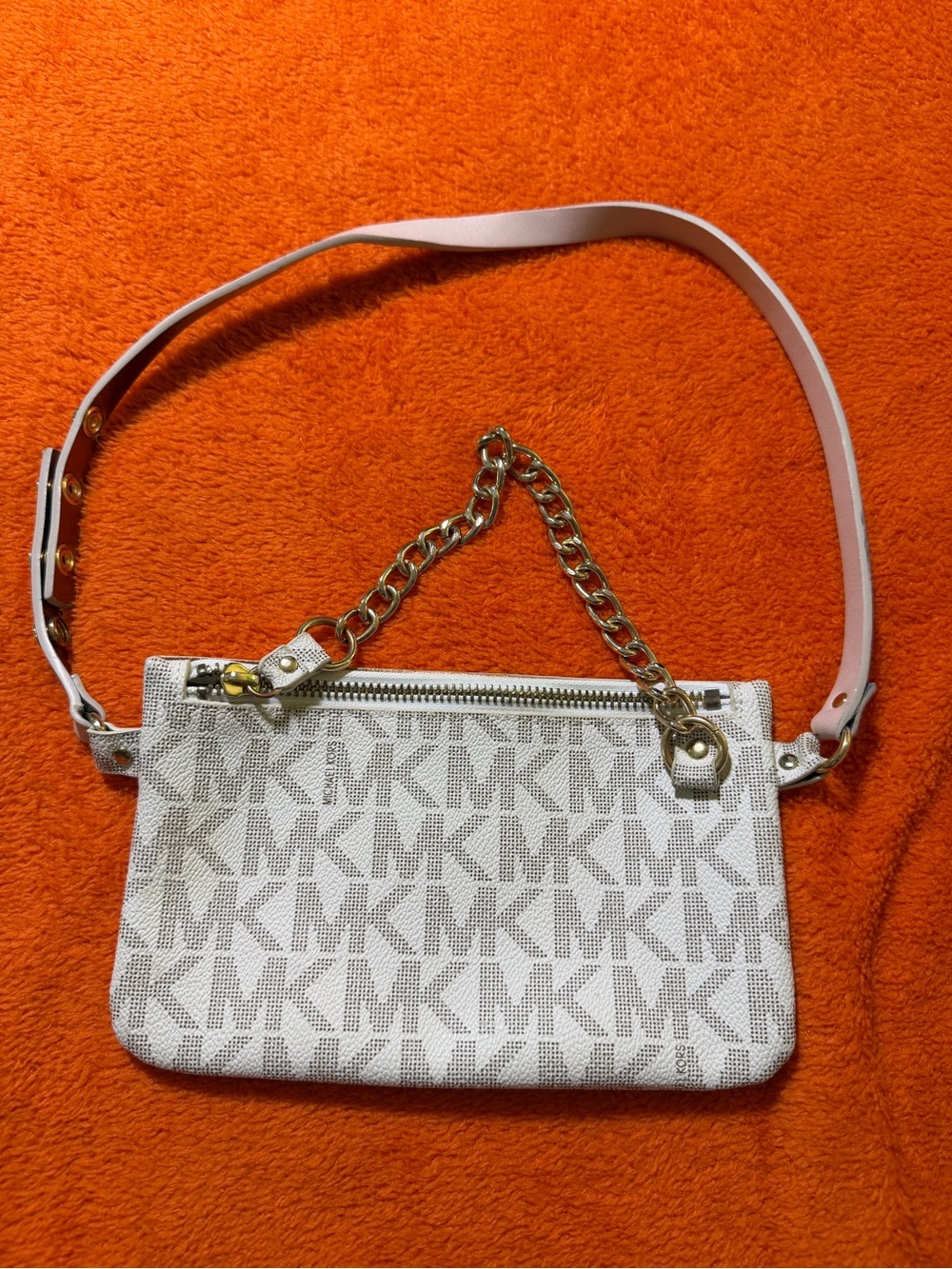 Michael Kors Vanilla MK Logo Small Crossbody Wristlet Bag Gold Chain Adjustable